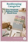 Organized pastel file folders labeled income, COGS, expenses, assets, and sales tax in a handmade business workspace with fabric swatches, calculator, notebook, packaging, and yarn.