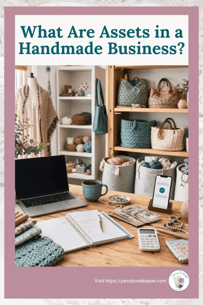 Cozy handmade business workspace with laptop, planner, calculator, yarn, cash, and finished craft items representing business assets.