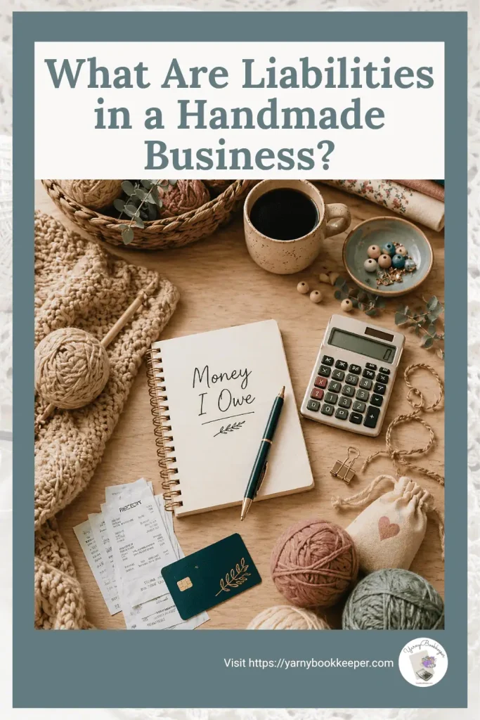 Desk with handmade business bookkeeping notes, calculator, receipts, and supplies representing liabilities in a handmade business.