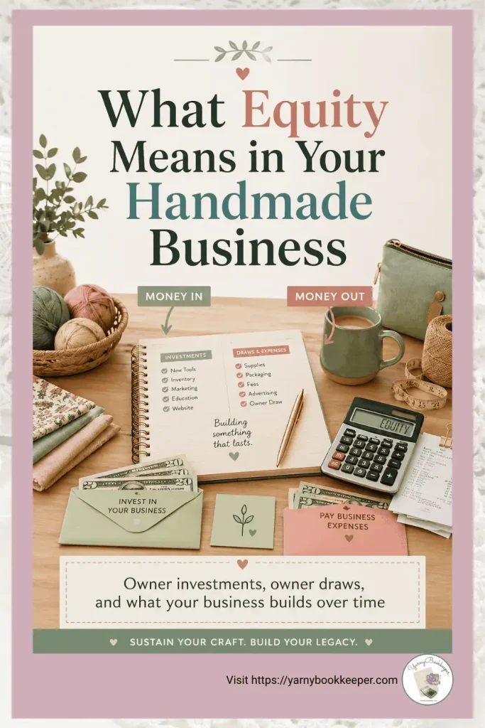 Desk scene with handmade business bookkeeping supplies and text about understanding equity for handmade business owners.