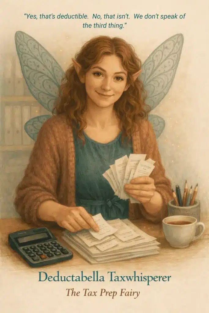 Deductabella Taxwhisper — The Tax Prep Fairy. The fairy who sits beside you during tax season and prevents you from hyperventilating into your tea or coffee.She gently nudges you to: 🗂 Track your income 🗂 Save for taxes 🗂 Keep receipts 🗂 Stop pretending estimated taxes don’t exist