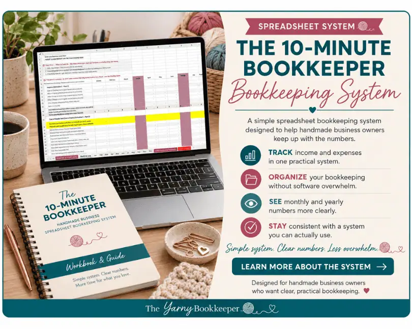 The 10-Minute Bookkeeper spreadsheet bookkeeping system for handmade business owners, shown with the actual spreadsheet on a laptop.