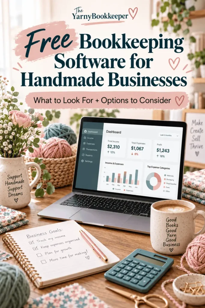 Pinterest graphic for Free Bookkeeping Software for Handmade Businesses, showing a laptop with a bookkeeping dashboard surrounded by yarn, fabric, a calculator, notebook, and other handmade business supplies.
