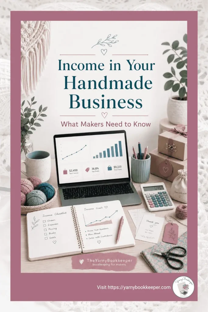 Graphic for a blog post about income in a handmade business, explaining why makers need to track different types of money coming in clearly instead of lumping everything into one sales category.