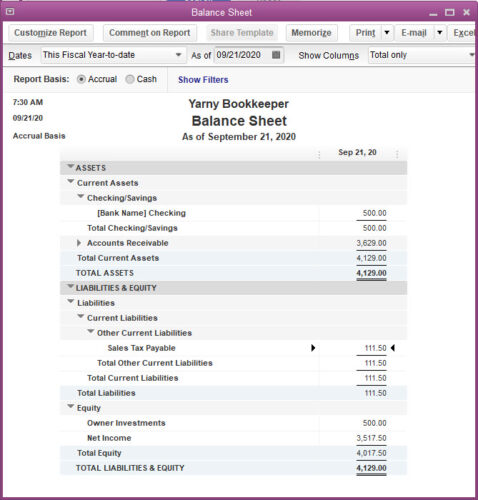 QuickBooks Balance Sheet Report showing Owner Contributions