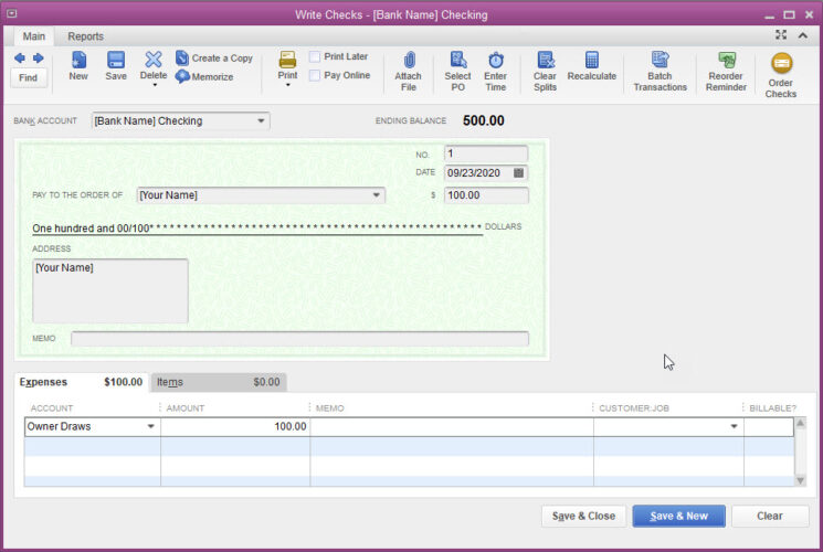 writing a check to record an Owner Draw using QuickBooks