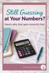 Organized bookkeeping paperwork, calculator, and handmade tools showing how guessing at business numbers creates stress without good bookkeeping records.