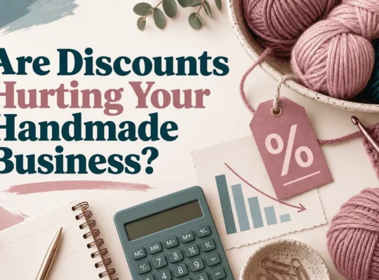 Featured image reading “Are Discounts Hurting Your Handmade Business?” surrounded by yarn, a crochet hook, a discount tag, calculator, and a chart showing declining profits.