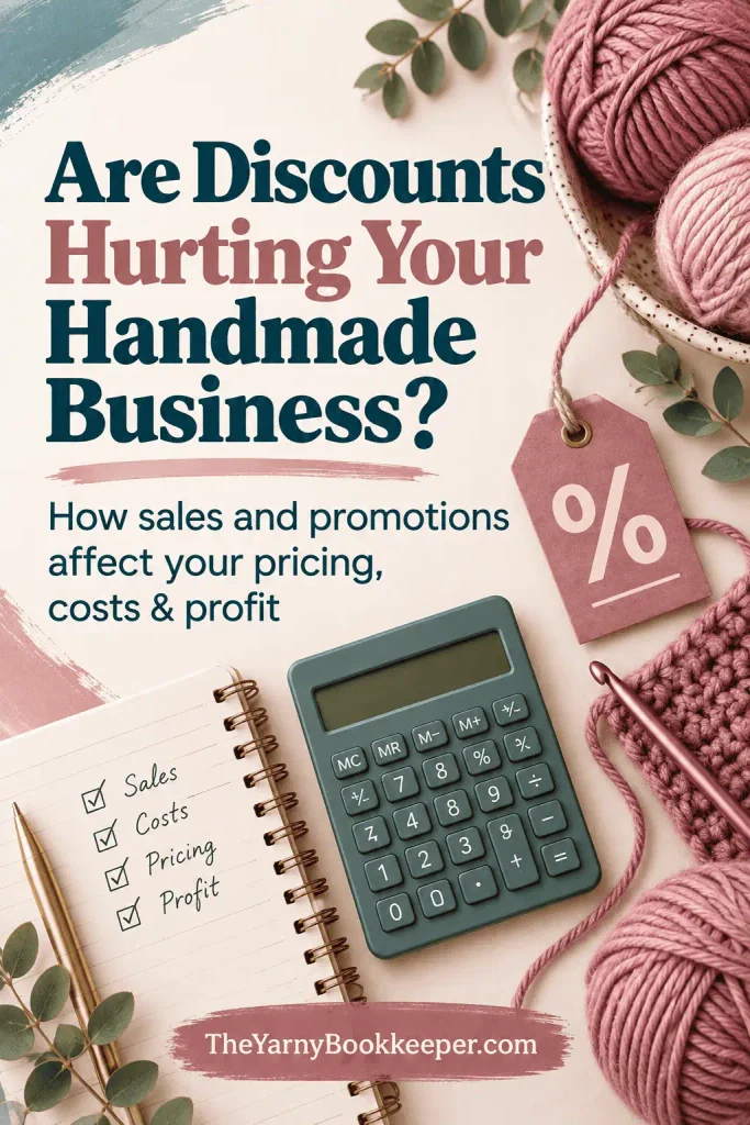 Pinterest graphic reading “Are Discounts Hurting Your Handmade Business?” featuring yarn, a crochet hook, discount tag, calculator, and notebook checklist for sales, costs, pricing, and profit.