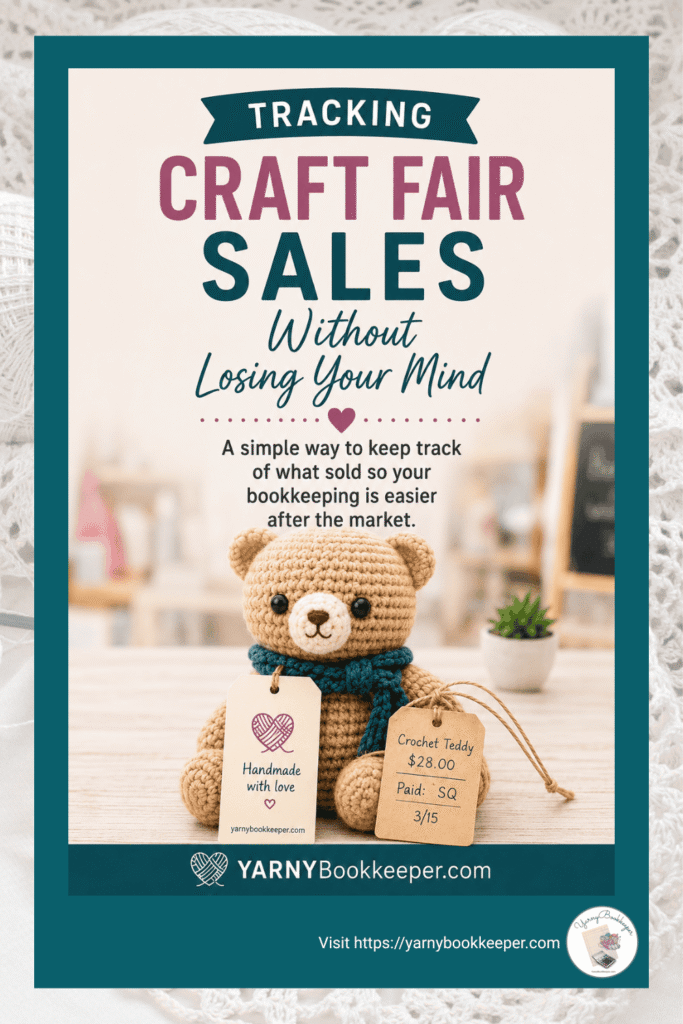Crochet teddy bear next to notebook with a sales list and tracking tags. Text reads “Track Craft Fair Sales the Simple Way