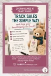 Crochet teddy bear next to notebook with a sales list and tracking tags. Text reads “Track Craft Fair Sales the Simple Way