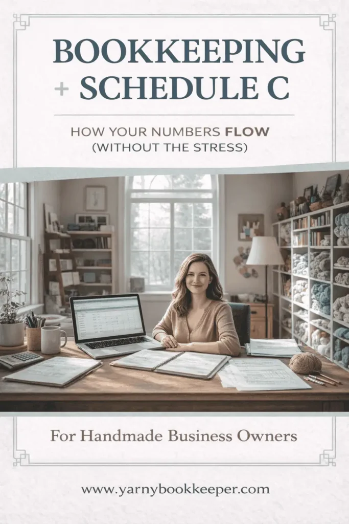 Graphic explaining how bookkeeping numbers connect to Schedule C for handmade business owners, featuring a calm, organized maker desk and tax paperwork.
