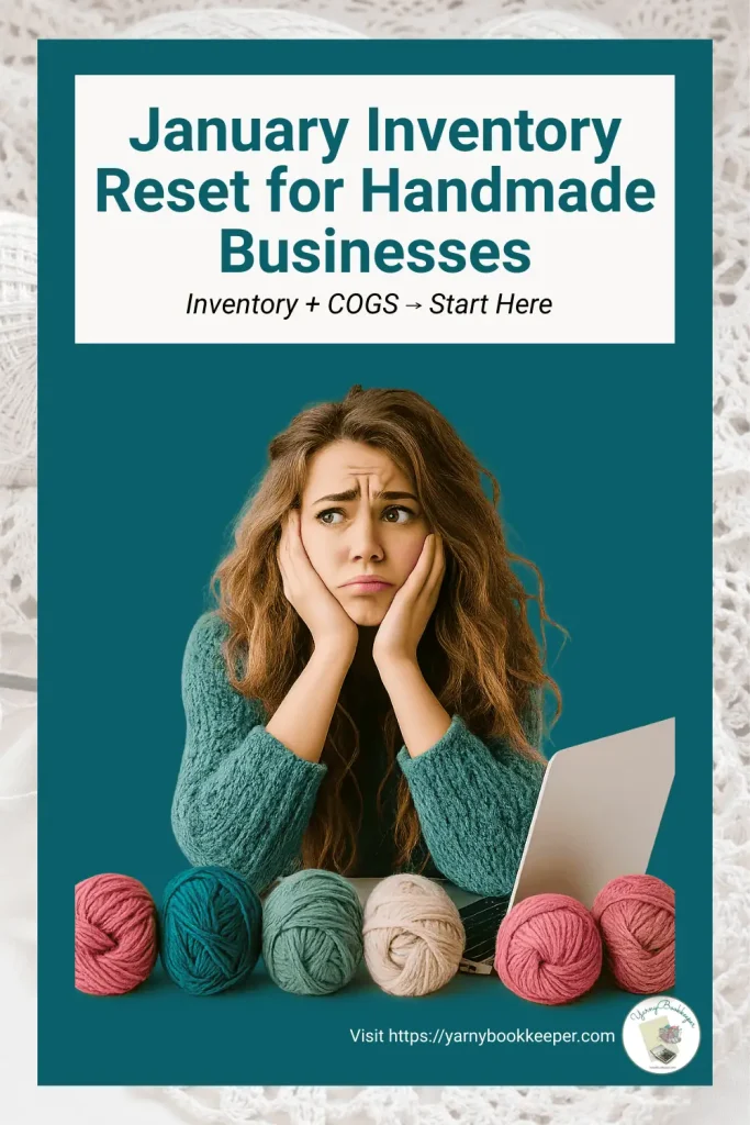 an image of a confused maker sitting in front of her laptop surrounded by yarn. Her chin is resting in her hands and she has a confused look on her face