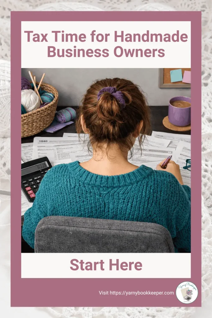 an image of a handmade business owner sitting at her desk staring at a pile of tax forms