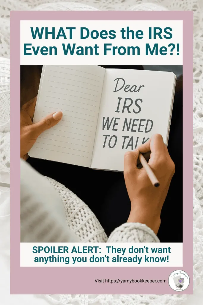Notebook open with the words “Dear IRS, We Need to Talk,” representing handmade business owners feeling overwhelmed by taxes, Schedule C, bookkeeping, inventory, and cost of goods sold.