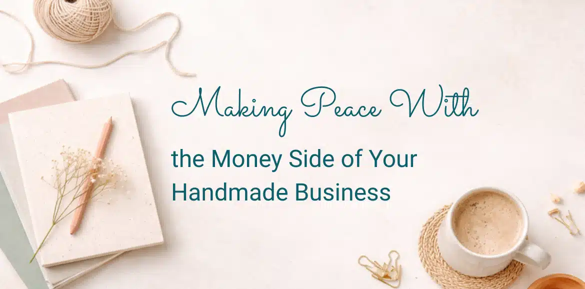 Flat lay of yarn, notebooks, and a coffee mug on a light background with the headline “Making Peace With the Money Side of Your Handmade Business.”
