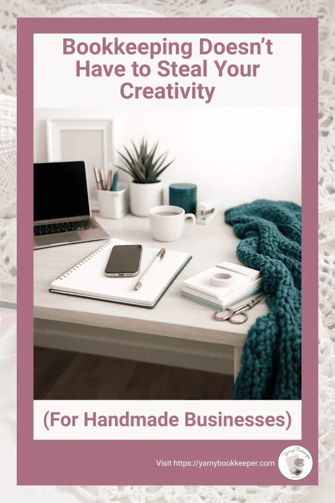 Calm rose-gold and teal workspace showing that bookkeeping can support creativity in a handmade business