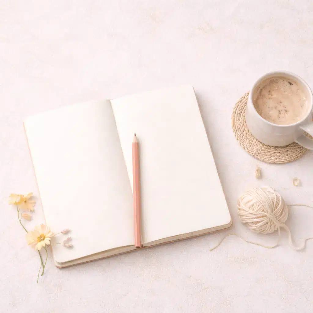 Calm workspace flat lay with notebook, coffee mug, and yarn.