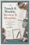 Pinterest pin showing a handmade business desk with yarn, receipts, a laptop, and a notebook. Text reads: “Weekly or monthly bookkeeping? Here’s what handmade business owners need to know.”