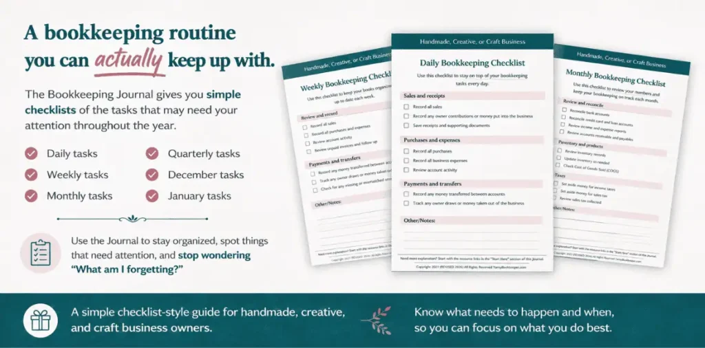 Mockup of the free Handmade Business Bookkeeping Journal with sample checklist pages