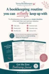 Pinterest graphic for the free Handmade Business Bookkeeping Journal showing sample Daily, Weekly, and Monthly Bookkeeping Checklist pages with the headline “A Bookkeeping Routine You Can Actually Keep Up With.”
