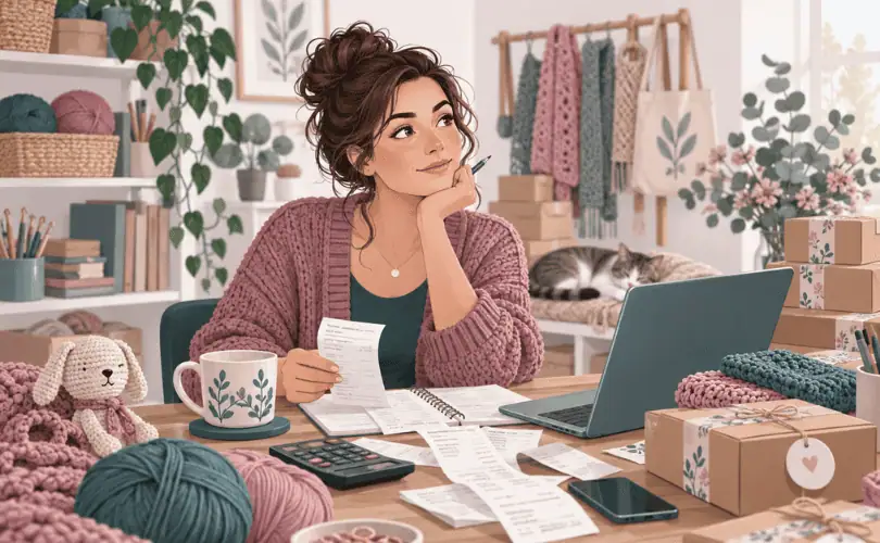 Handmade business workspace with yarn, receipts, calculator, packaging, and laptop