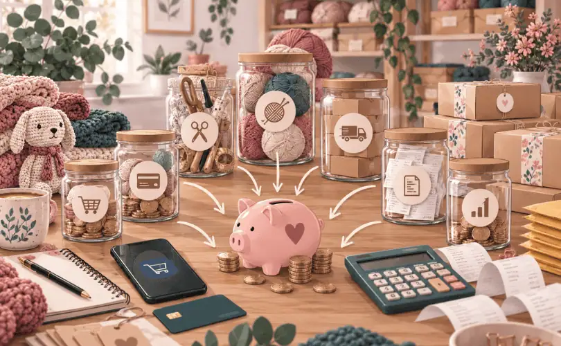 Handmade business expenses and inventory shown around a piggy bank and coins