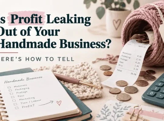 Feature image for “Is Profit Leaking Out of Your Handmade Business?” showing pink yarn, a crochet hook, calculator, scattered coins, receipts, and a notebook tracking handmade business expenses.