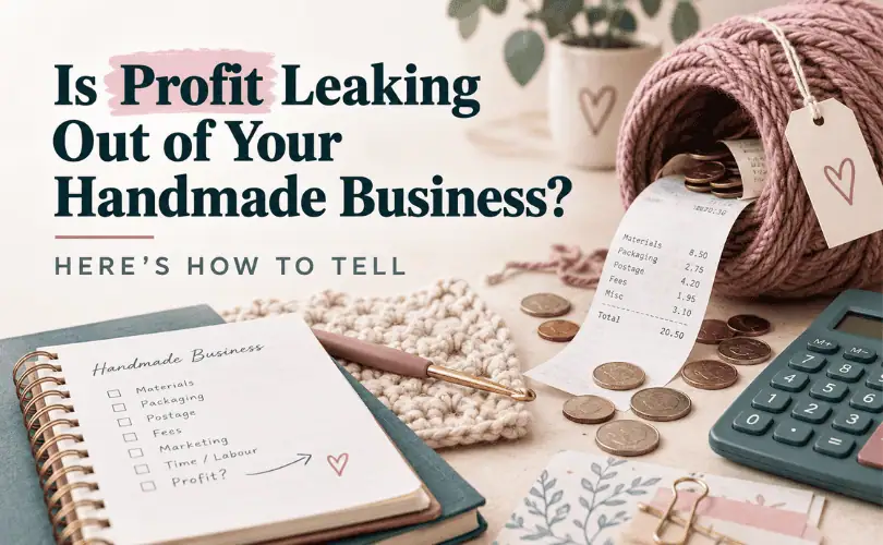Feature image for “Is Profit Leaking Out of Your Handmade Business?” showing pink yarn, a crochet hook, calculator, scattered coins, receipts, and a notebook tracking handmade business expenses.