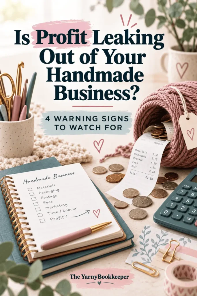 Pinterest graphic reading “Is Profit Leaking Out of Your Handmade Business? 4 Warning Signs to Watch For,” featuring pink yarn, crochet hooks, a notebook of business expenses, receipts, scattered coins, and a calculator.